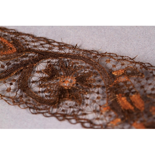 2 - A 17TH CENTURY BAND OF HAIR NEEDLE LACE, worked with birds and flowering scrolls, approximately 15cm... 