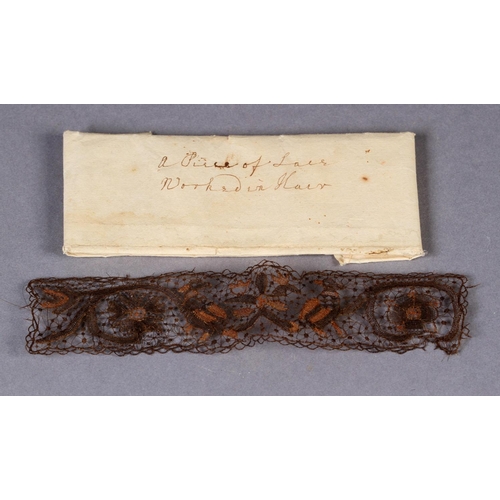 2 - A 17TH CENTURY BAND OF HAIR NEEDLE LACE, worked with birds and flowering scrolls, approximately 15cm... 