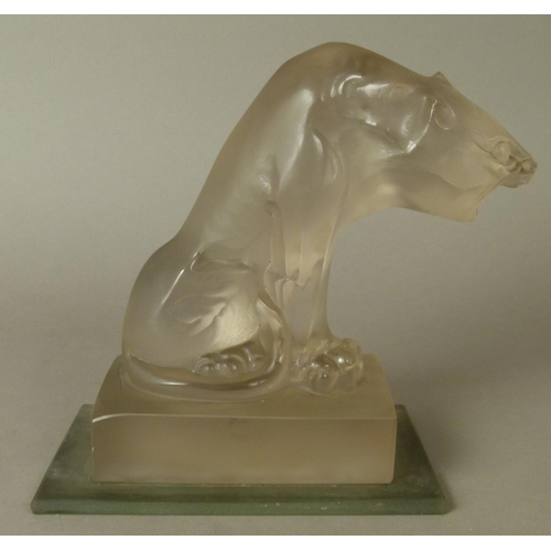 204 - AN ART DECO FROSTED GLASS SCULPTURE OF A LARGE PANTHER, sitting on a rectangular plinth base, 19cm h... 