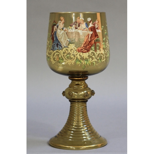 206 - AN UNUSUALLY LARGE NORTH EUROPEAN OLIVE GREEN GLASS 'ROEMER', the bowl finely enamelled with young l... 