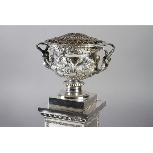 207 - A SILVER PLATED REPLICA OF THE WARWICK VASE c.1900, inset with gilt metal low domed grill, and raise... 