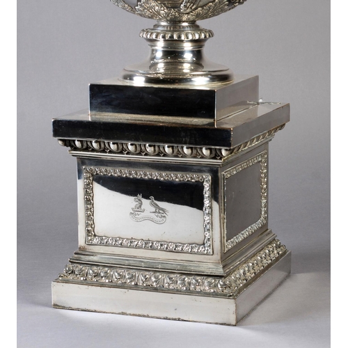 207 - A SILVER PLATED REPLICA OF THE WARWICK VASE c.1900, inset with gilt metal low domed grill, and raise... 