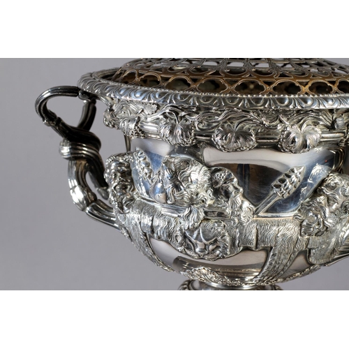 207 - A SILVER PLATED REPLICA OF THE WARWICK VASE c.1900, inset with gilt metal low domed grill, and raise... 