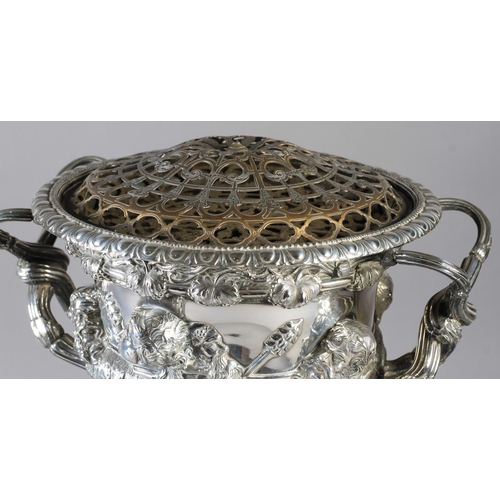 207 - A SILVER PLATED REPLICA OF THE WARWICK VASE c.1900, inset with gilt metal low domed grill, and raise... 