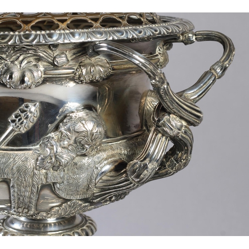 207 - A SILVER PLATED REPLICA OF THE WARWICK VASE c.1900, inset with gilt metal low domed grill, and raise... 