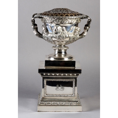 207 - A SILVER PLATED REPLICA OF THE WARWICK VASE c.1900, inset with gilt metal low domed grill, and raise... 