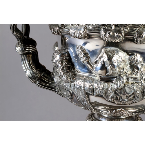 207 - A SILVER PLATED REPLICA OF THE WARWICK VASE c.1900, inset with gilt metal low domed grill, and raise... 