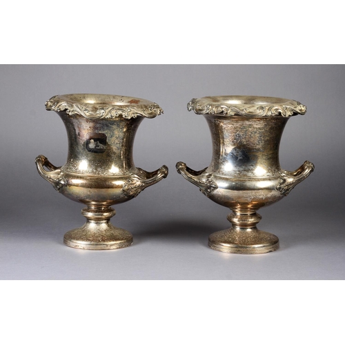 209 - A PAIR OF EARLY VICTORIAN SHEFFIELD PLATE WINE COOLERS, of campagna urn form, having detachable foli... 