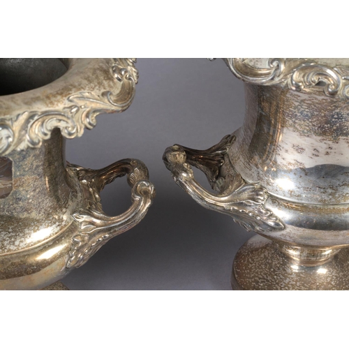 209 - A PAIR OF EARLY VICTORIAN SHEFFIELD PLATE WINE COOLERS, of campagna urn form, having detachable foli... 