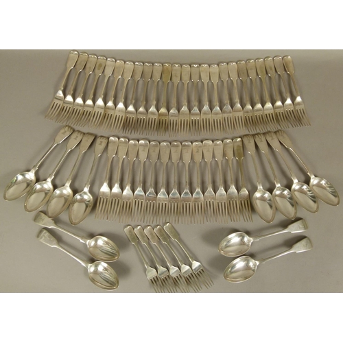 216 - A QUANTITY OF SILVER PLATED FLATWARE including twelve tablespoons each engraved with a crest, seven ... 