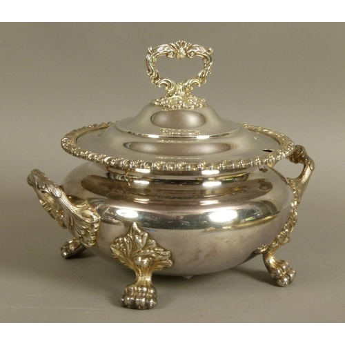 219C - A PLATED ON COPPER SOUP TUREEN AND SEMI-DOMED COVER with leaf-capped handle, and pair of handles, ga... 