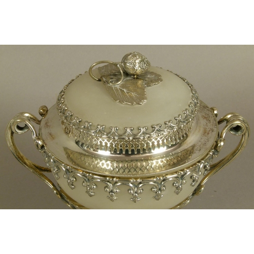 219E - A SILVER PLATED AND OPAQUE GLASS TWO-HANDLED DISH and semi-domed cover with strawberry and leaf fini... 