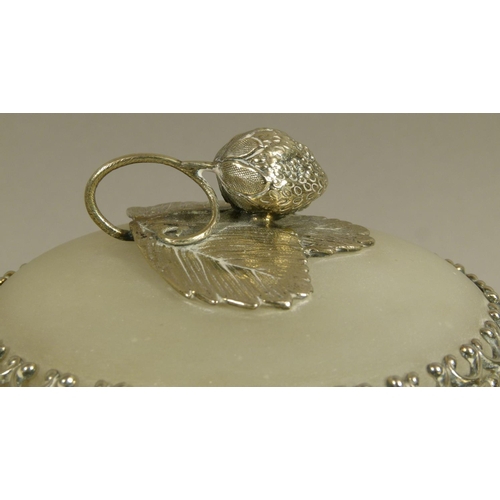 219E - A SILVER PLATED AND OPAQUE GLASS TWO-HANDLED DISH and semi-domed cover with strawberry and leaf fini... 