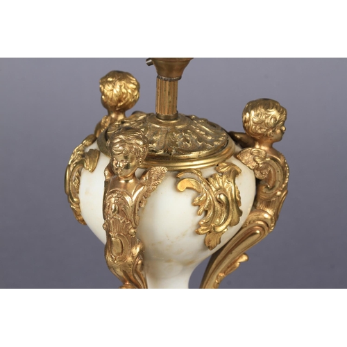 22 - A LATE 19TH CENTURY ORMOLU MOUNTED WHITE MARBLE LAMP BASE with inverted pear shaped body, mounted wi... 