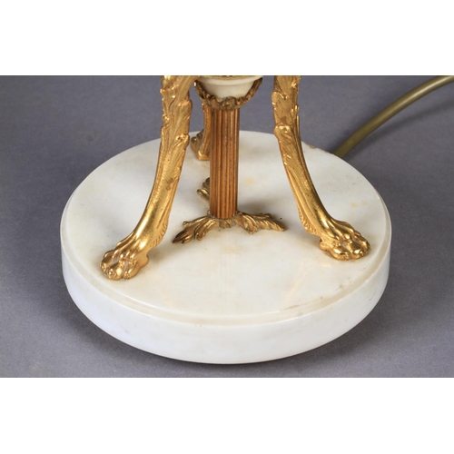 22 - A LATE 19TH CENTURY ORMOLU MOUNTED WHITE MARBLE LAMP BASE with inverted pear shaped body, mounted wi... 