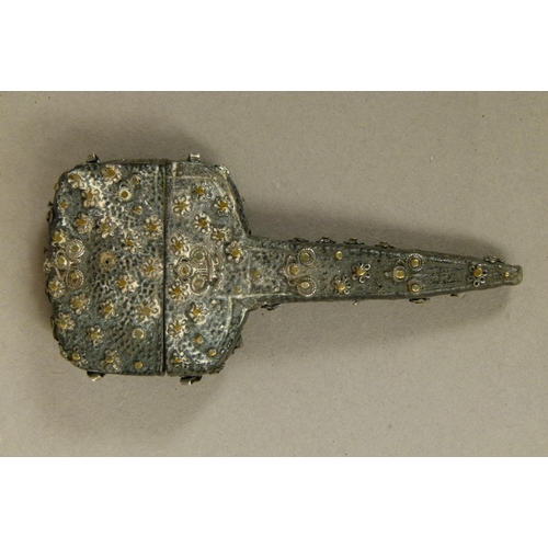 221 - AN 18TH CENTURY SHAGREEN AND GILT AND WHITE METAL STUDDED SCISSOR CASE, the metalwork in the form of... 