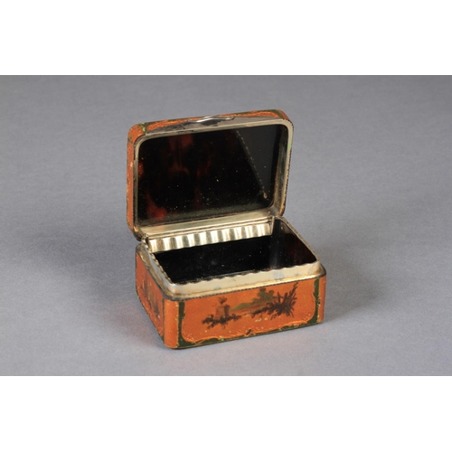 224 - A FRENCH MID 18TH CENTURY SILVER GILT AND TORTOISESHELL PAINTED BOX, the rectangular top with a scen... 