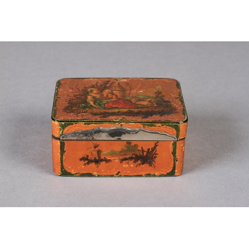 224 - A FRENCH MID 18TH CENTURY SILVER GILT AND TORTOISESHELL PAINTED BOX, the rectangular top with a scen... 