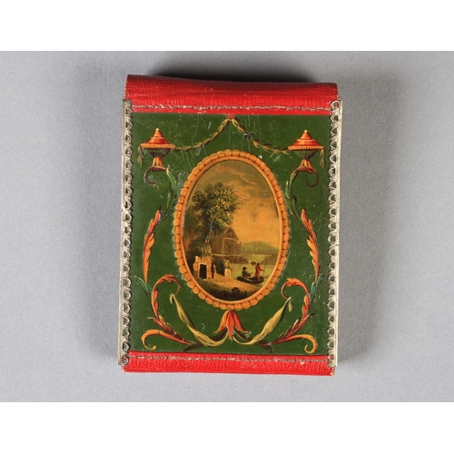 226 - AN EARLY 19TH CENTURY GREEN PAINTED LEATHER AND RED MOROCCO LEATHER NECESSAIRE WALLET silver mounted... 