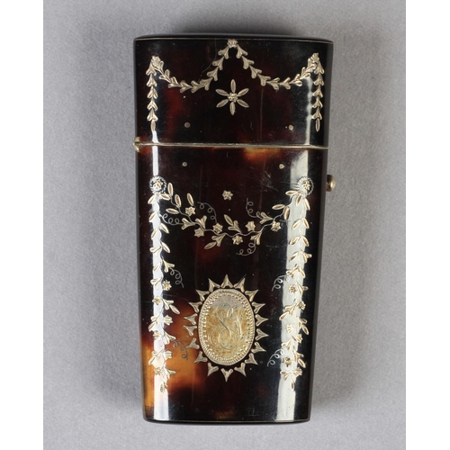 229 - A GEORGE III TORTOISESHELL ETUI inlaid with silver pique work with an oval cartouche engraved SJ wit... 