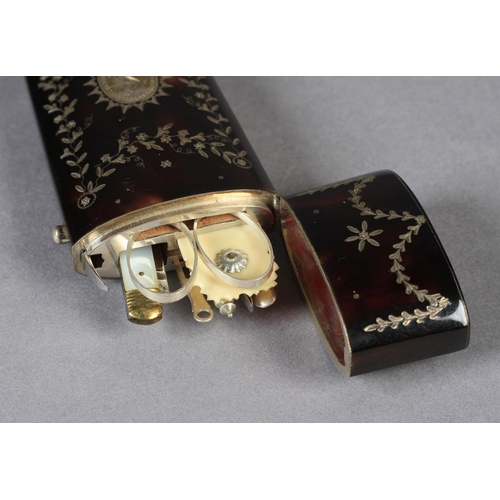 229 - A GEORGE III TORTOISESHELL ETUI inlaid with silver pique work with an oval cartouche engraved SJ wit... 