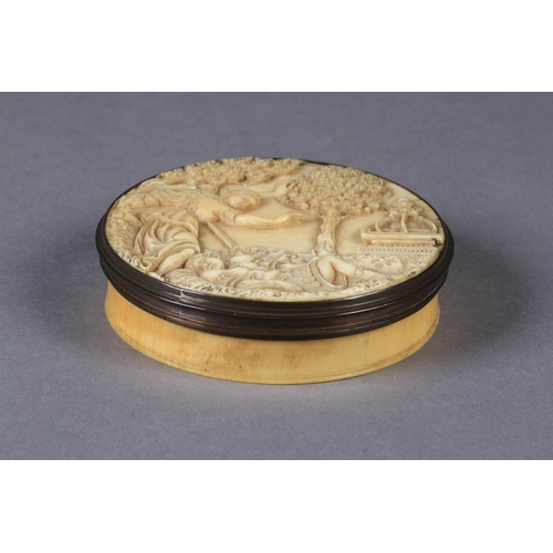 232 - A FRENCH TOBACCO BOX, circular, late 18th century, the cover carved in bas relief with the death of ... 