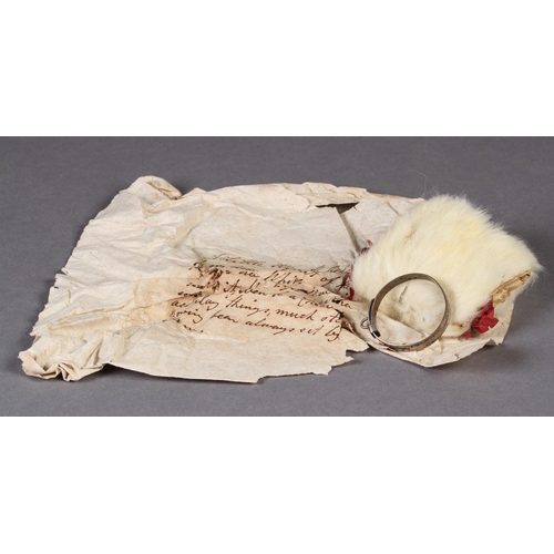 233 - A MID 18TH CENTURY WHITE SQUIRREL FUR MUFF made from a child's pet together with the white metal col... 