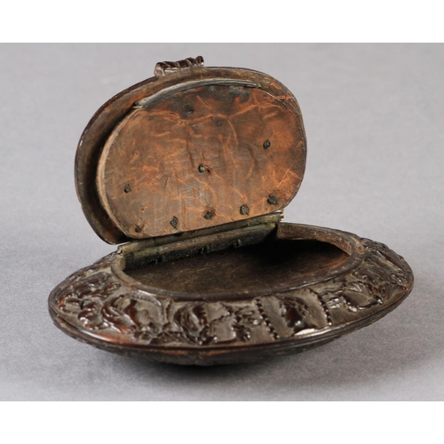 236 - A FINE LATE 18TH/EARLY 19TH CENTURY OVAL COCONUT BOX with hinged cover finely carved with classical ... 