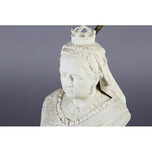 24 - A 19TH CENTURY PARIAN FIGURE OF QUEEN VICTORIA on a socle moulded with ribboned laurel swag by Turne... 