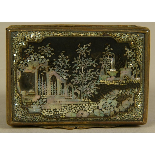 243 - AN 18TH CENTURY ORMOLU MOUNTED RECTANGULAR SMALL BOX, the hinged lid finely inlaid in mother of pear... 