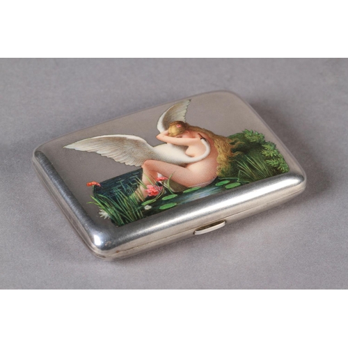 244 - A CONTINENTAL SILVER AND ENAMEL CIGARETTE CASE, of rounded rectangular form, the hinged lid finely d... 