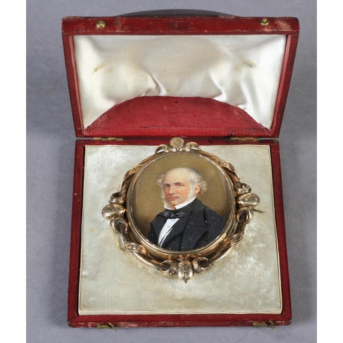 254 - A VICTORIAN OVAL HEAD AND SHOULDER PORTRAIT MINIATURE of a white haired gentleman wearing white shir... 