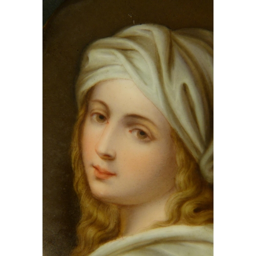 257 - A 19TH CENTURY OVAL PORCELAIN MINIATURE FEMALE PORTRAIT, head and shoulders, long blonde tresses, we... 