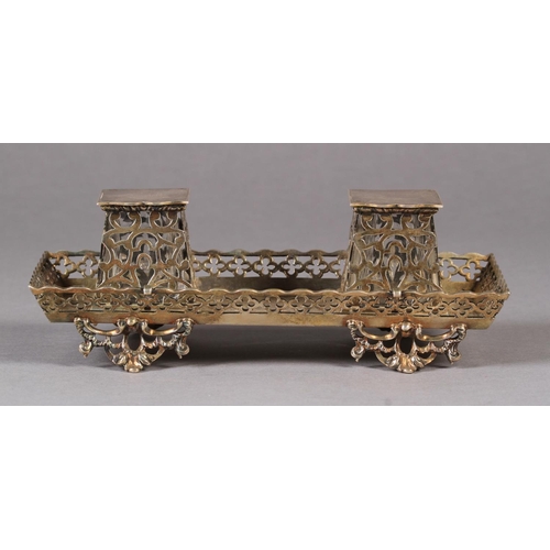 269 - A MID-VICTORIAN SILVER DESK STANDISH London 1866 by George Fox, of rectangular form with pierced bor... 