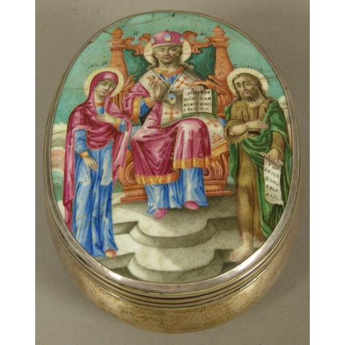 280 - AN EDWARD VII SILVER OVAL BOX, the hinged lid with Russian (?) enamel panel of Christ and saints in ... 