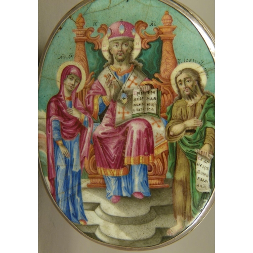 280 - AN EDWARD VII SILVER OVAL BOX, the hinged lid with Russian (?) enamel panel of Christ and saints in ... 