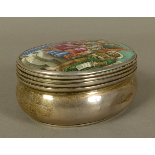 280 - AN EDWARD VII SILVER OVAL BOX, the hinged lid with Russian (?) enamel panel of Christ and saints in ... 