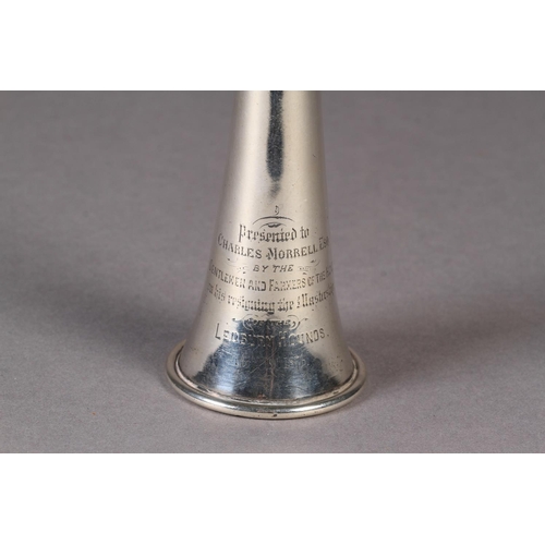 281 - A VICTORIAN SILVER HUNTING HORN of conventional form bearing presentation inscription 'Presented to ... 