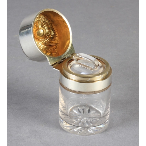 287 - A LATE VICTORIAN SILVER TOP JAR, the hinged lid finely embossed and engraved with an owl mask, yello... 