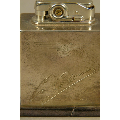 288 - AN EDWARD VIII SILVER CIGARETTE LIGHTER the square body engraved with SS Jaguar Garage emblem and si... 