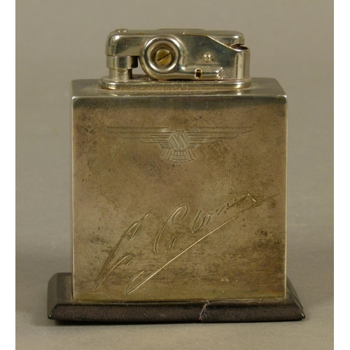 288 - AN EDWARD VIII SILVER CIGARETTE LIGHTER the square body engraved with SS Jaguar Garage emblem and si... 