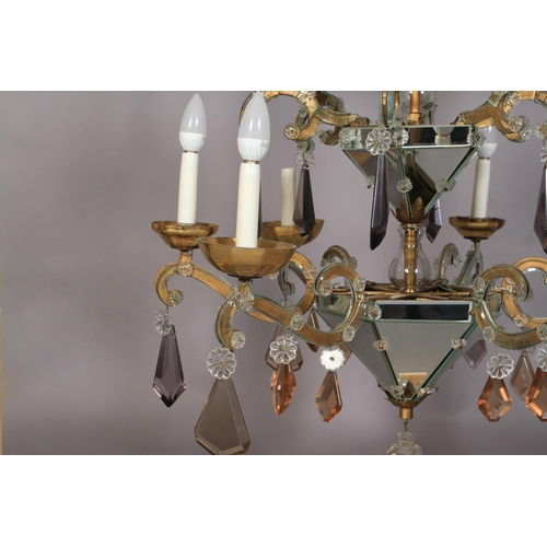 29 - A SPANISH THREE TIER SIX FLATTENED ARM CHANDELIER with three mirrored hexagonal pendants, the branch... 