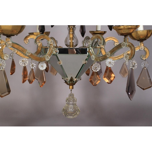 29 - A SPANISH THREE TIER SIX FLATTENED ARM CHANDELIER with three mirrored hexagonal pendants, the branch... 