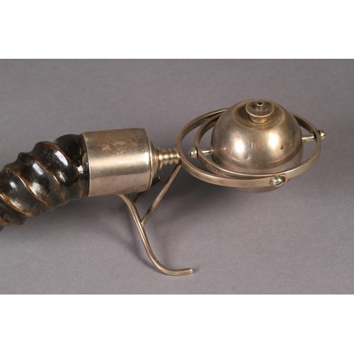 299 - AN EDWARD VII ANTELOPE HORN HANDLED SILVER TABLE LIGHTER in the form of a sphere set within a gimbal... 