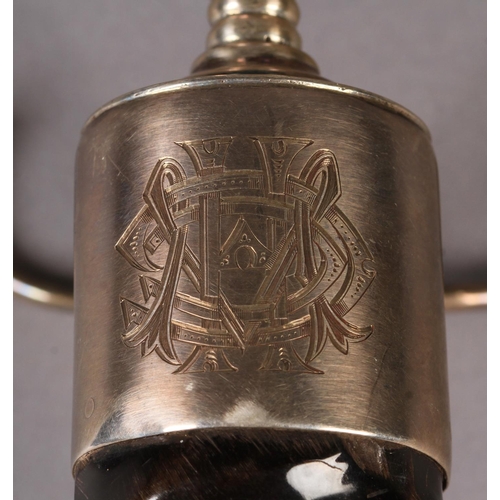 299 - AN EDWARD VII ANTELOPE HORN HANDLED SILVER TABLE LIGHTER in the form of a sphere set within a gimbal... 