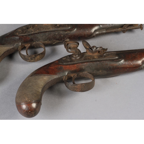 31 - PAIR OF FLINTLOCK PISTOLS by Clark, London, signed stepped locks, waterproof frizzens and engraved t... 