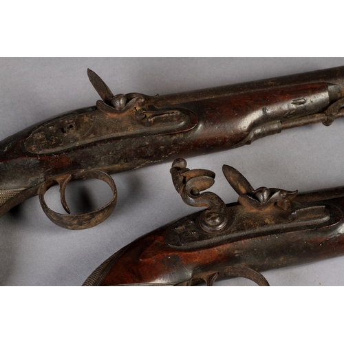 31 - PAIR OF FLINTLOCK PISTOLS by Clark, London, signed stepped locks, waterproof frizzens and engraved t... 