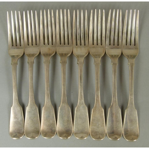 314 - A SET OF EIGHT WILLIAM IV FIDDLE PATTERN TABLE FORKS engraved with initials, by T Cox Savory, London... 