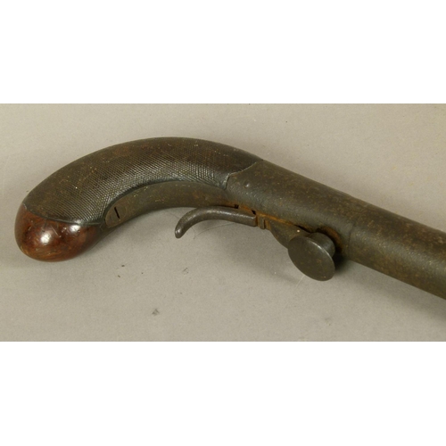 33 - AN EARLY 19TH CENTURY WALKING STICK GUN with steel barrel, under hammer percussion, chequered walnut... 