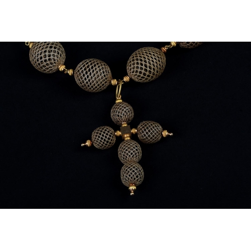 346 - A MID 19TH CENTURY SUITE OF PENDANT EARRINGS AND NECKLACE HUNG WITH A CROSS of woven hair beads and ... 